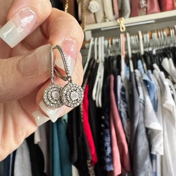 1/10 CT Diamond Halo Dangle Earrings Sterling Silver - Picture 3 of 6